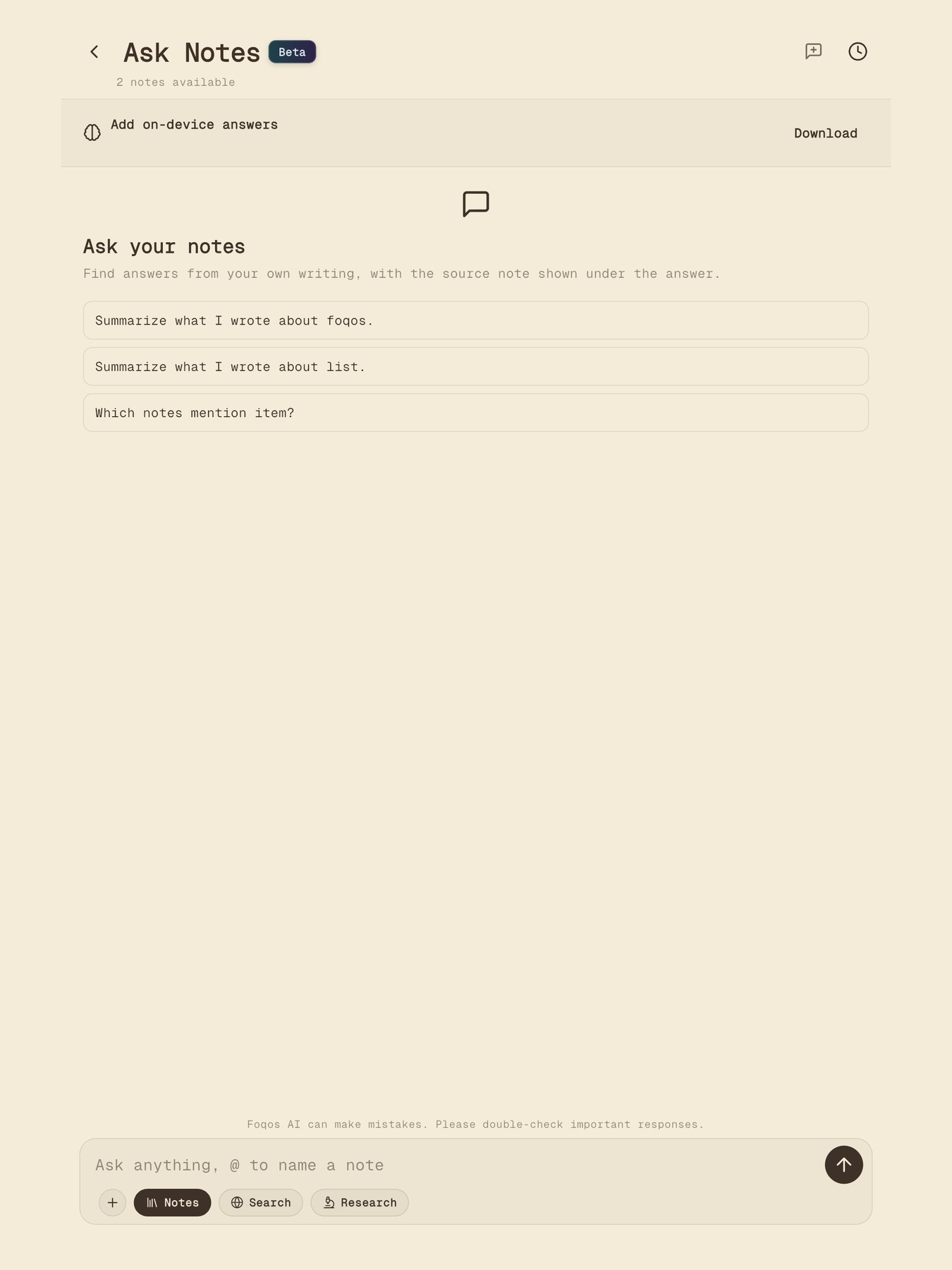 Ask Notes running privately on iPad